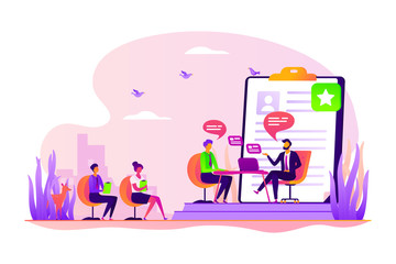 Fototapeta premium Employee hiring. Recruiter and vacancy candidates. Personnel recruitment. HR management. Job interview, employment process, choosing a candidate concept. Vector isolated concept creative illustration