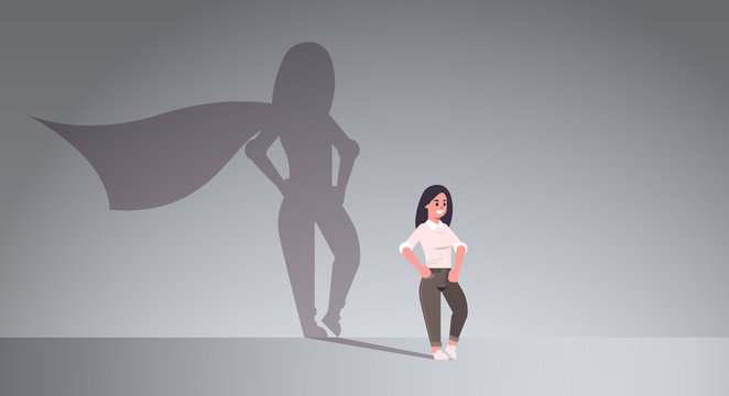 businesswoman dreaming about being super hero shadow of woman with cape imagination aspiration concept female cartoon character standing pose full length flat horizontal