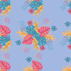 Exotic leaves hand drawn seamless pattern. Tropical plant drawing. Scandinavian style backdrop.