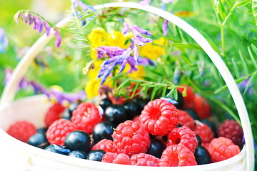 Full jar filling of black currant berries and fresh natural red juicy sweet ripe raspberry on bright summer natural floral background and wild flowers. Selective focus