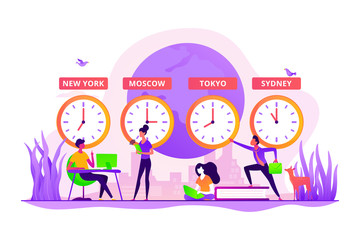 Worldwide business, international company branches. Clocks showing local timezone. Time zones, international time, world business time concept. Vector isolated concept creative illustration