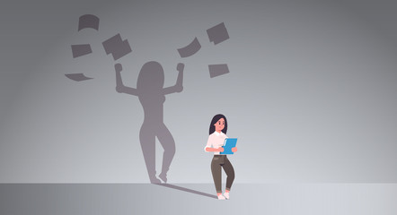 businesswoman holding folder shadow of business woman throwing paper documents overvorked aspiration imagination concept female cartoon character standing pose full length flat horizontal