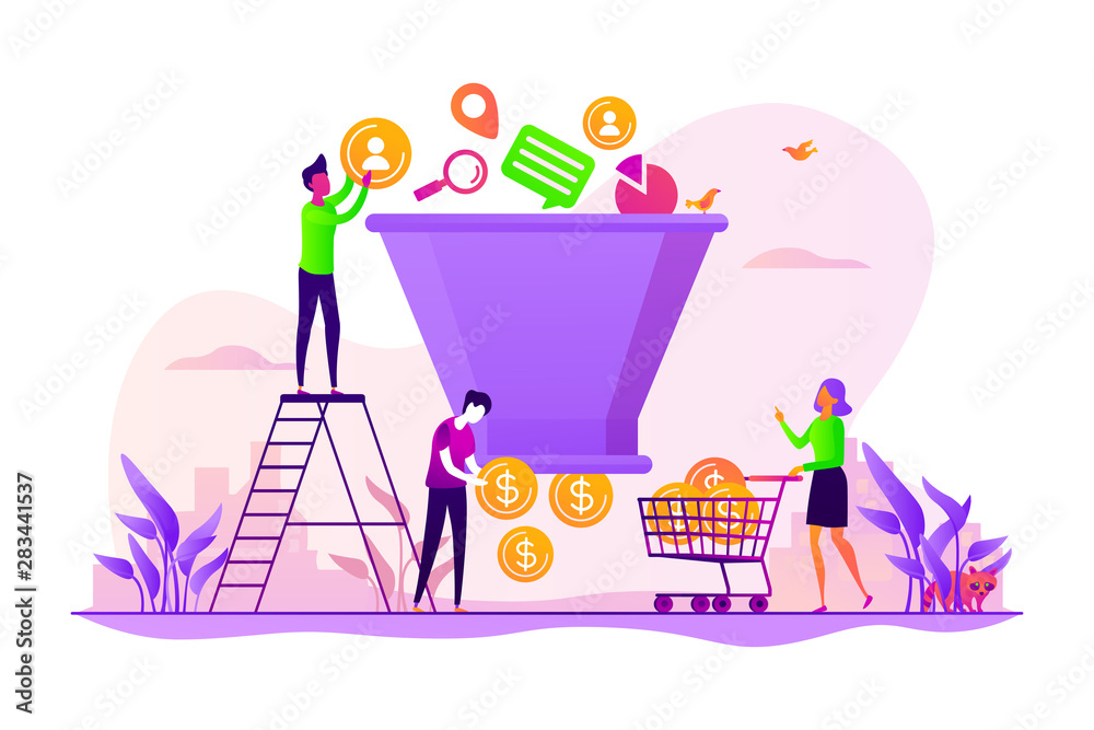 Sticker Lead generation, targeted marketing campaign strategy. Sales funnel management, customer journey representation, sales funnel stages concept. Vector isolated concept creative illustration