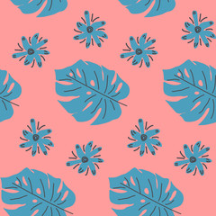 Fototapeta na wymiar Exotic leaves hand drawn seamless pattern. Tropical plant drawing. Scandinavian style backdrop.