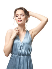 Obraz premium Beautiful young woman with bottle of perfume on white background