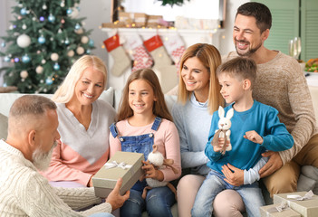 Little girl receiving Christmas gift from her grandfather at home