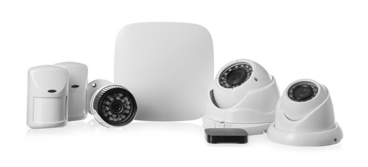 Different equipment of security system on white background - Powered by Adobe