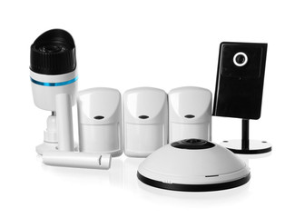 Different equipment of security system on white background