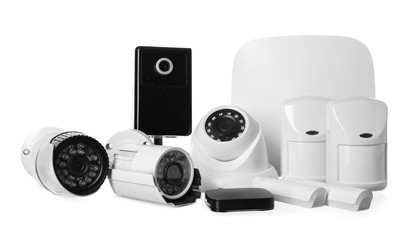 Different equipment of security system on white background
