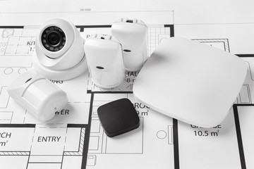 Different equipment of security system on home plan