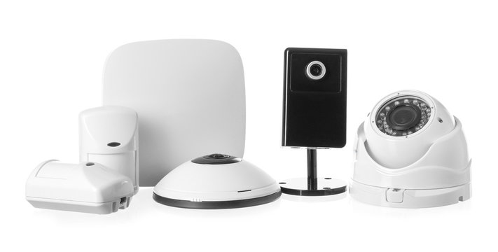 Different equipment of security system on white background