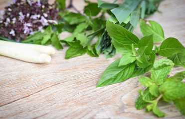 Fresh herbs and spices with sweet basil lemon grass holy basil peppermint leaf on wooden background - ingredient asian food