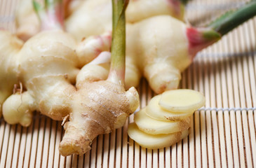 Ginger root harvest on wood - Fresh young ginger for herb medicinal natural and food
