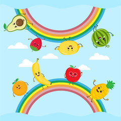 cartoon Funny fruit characters, apple, avocado, banana, Orange, lamon, pineapple, strawberry, watermelon, kawaii characters