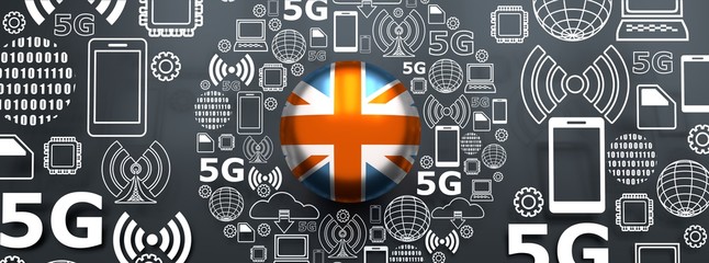 Mobile gadgets technology relative image. Circle frame with technology thin line icons. 5G Network Symbol. Flag of the United Kingdom. 3D rendering