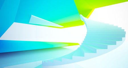 Abstract architectural white interior and color gradient of a minimalist house with large windows.. 3D illustration and rendering.