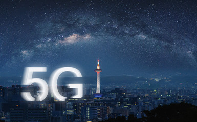 5G wireless internet technology in the city, Kyoto city at night in Japan