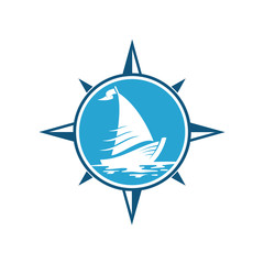 compass sailboat logo.flat emblem style.sailing adventure vector.ocean wave.modern design concept