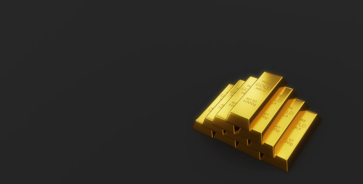金塊、黄金の棒が並んだ画像。財宝、富をイメージした3Dレンダリング画像。