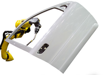 Robot arm demonstrate spot welding car door isolated on white background. Automotive industry