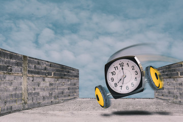 clock with support wheel resemble tricycle running on street and sky - Powered by Adobe