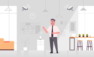 businessman using cctv camera controlled by smart speaker voice recognition activated digital assistant concept modern office interior flat horizontal full length