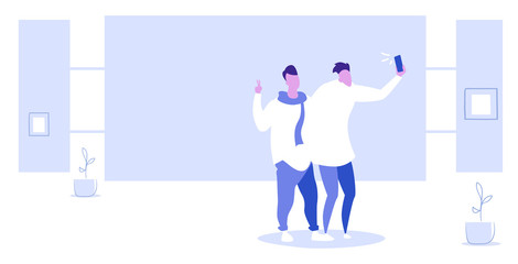 men using smartphone camera taking selfie photo guys having fun standing together showing two fingers gesture sketch horizontal full length