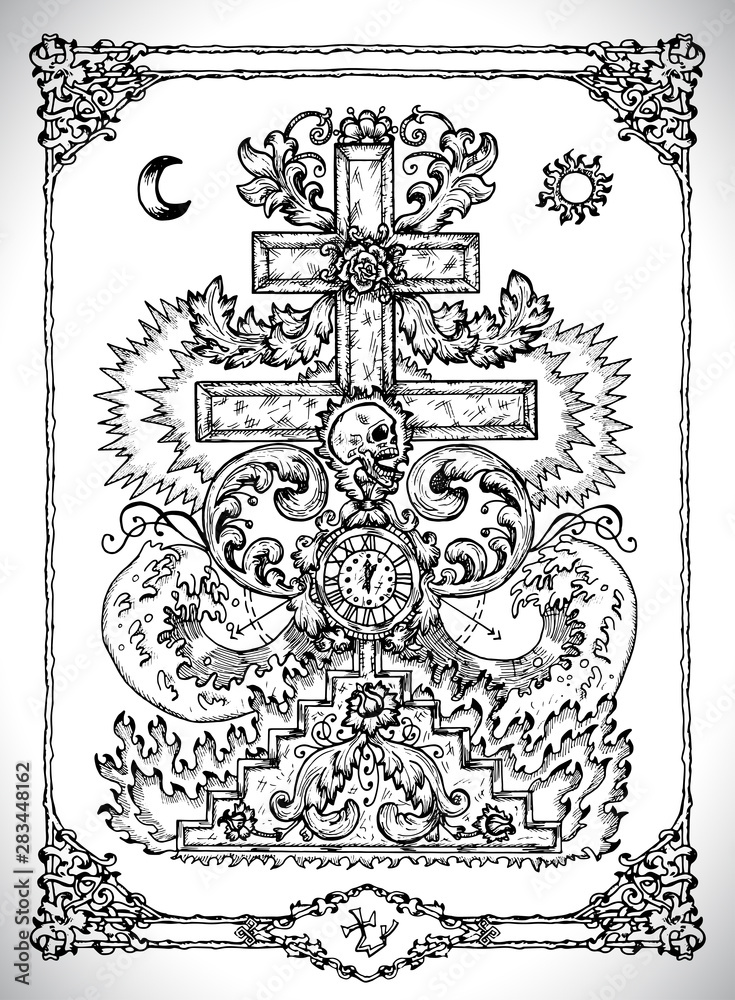 Wall mural Cross symbol with baroque decorations. Vector line art mystic illustration. Engraved drawing in gothic style. Occult, esoteric and fantasy concept