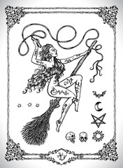 Witch woman on broomstick isolated. Vector line art engraved illustration in gothic style. No foreign language, all symbols are fantasy. Occult, esoteric, Halloween and mystic concept