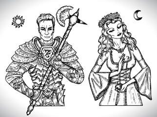 Design set with man and woman symbols isolated. Vector line art mystic illustration. Engraved drawing in gothic style. Occult, esoteric and fantasy concept. 