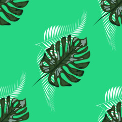 Nature seamless pattern. Hand drawn abstract tropical summer background: palm, monstera leaves in silhouette, line art, grunge, scribble textures.