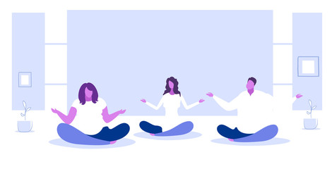 people meditating sitting lotus pose thick and thin colleagues doing yoga exercises relaxation concept sketch horizontal full length