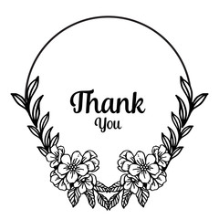 Floral thank you card, greeting design, with black white flower frame. Vector