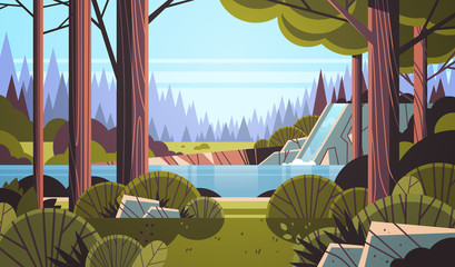 beautiful waterfall over rocky cliff green summer forest nature landscape background flat horizontal
