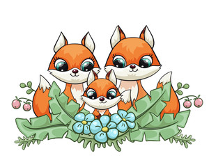 Fox baby with mom and dad cute print. Sweet tiny family. Cool friends animal with forest flower