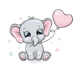 Elephant, baby cute print. Sweet tiny one with ballon an star. Cool african animal illustration