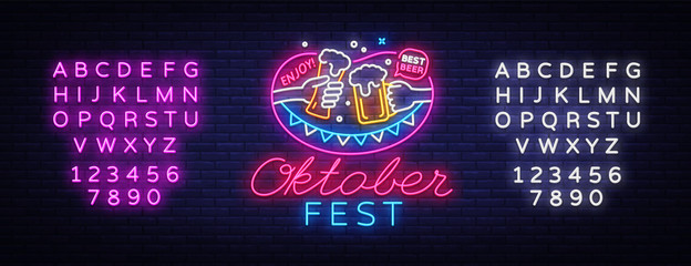 Neon Sign to oktoberfest festival vector. Oktoberfest Menu Neon Sign Vintage vector engraving illustration for invitation to party. Design Template. Vector Illustration. Editing text neon sign