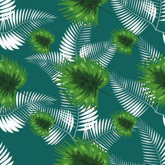 Fototapeta na wymiar turquoise and green tropical leaves. Seamless graphic design with amazing palms.