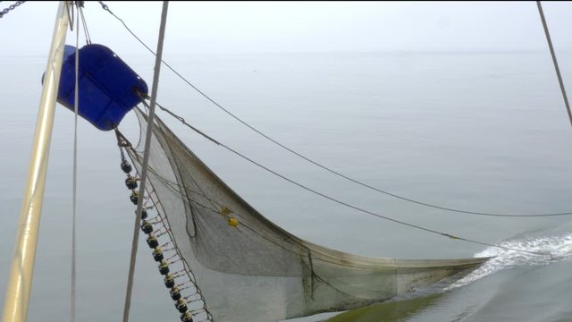 Trawling for fish and shrimps on a commercial fishing boat, slow motion