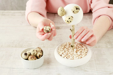 How to make beautiful Easter decoration in tree shape with moss and quail eggs. Step by step,