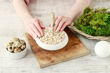 How to make beautiful Easter decoration in tree shape with moss and quail eggs. Step by step,