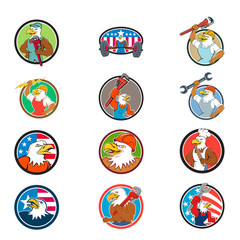 Set or collection of cartoon character mascot style illustration of an American bald eagle as plumber, electrician, mechanic and weightlifter set inside circle on isolated white background.