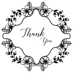 Decoration postcard or greeting card, lettering of thank you, beautiful flower frame. Vector