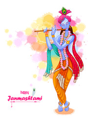 vector illustration of God Krishna playing flute on Happy Janmashtami festival background of India