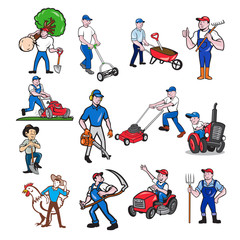 Set or collection of cartoon character mascot style illustration of a agricultural worker, gardener or farmer riding tractor, ride-on lawnmower, mower, holding scythe, shovel tool on isolated white ba