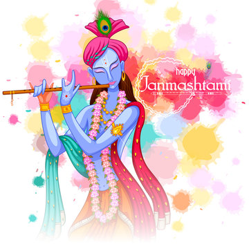 vector illustration of God Krishna playing flute on Happy Janmashtami festival background of India