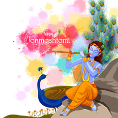 vector illustration of God Krishna playing flute on Happy Janmashtami festival background of India