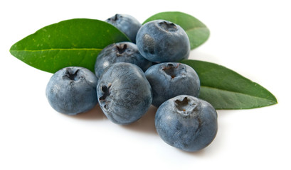 Group of blueberries with leaves on a white background closeup.