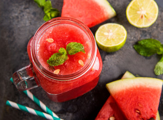 Fresh Water Melon Smoothie With Lemon And Straw