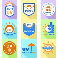 Uv summer protection logo set. Flat set of 9 uv summer protection vector logo for web design isolated on white background